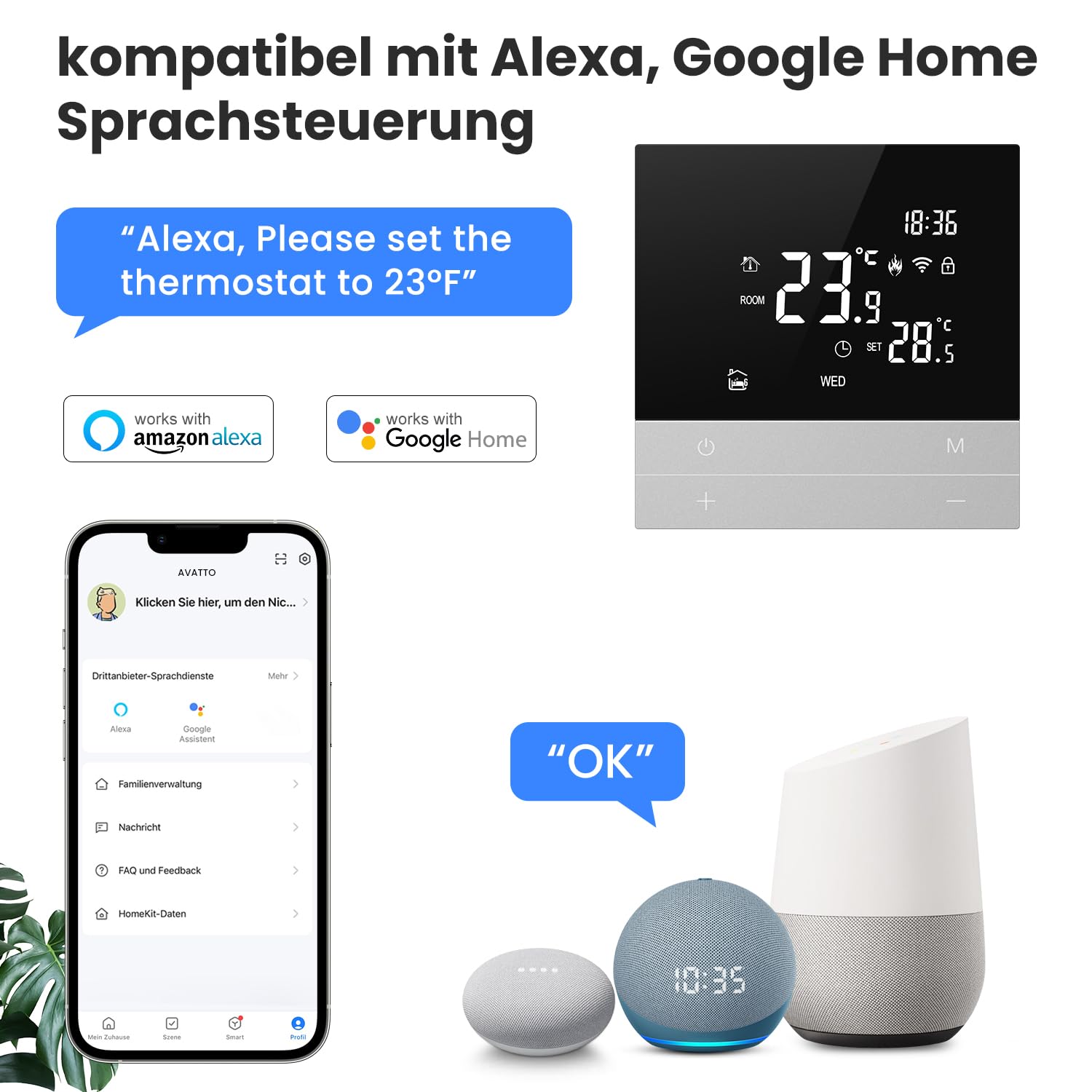 AVATTO Thermostat für Wasser-Fußbodenheizung, Smart WiFi Thermostat, programmierbarer Raumthermostat, kompatibel mit Alexa & Google Home, Fernbedienung über AVATTO-App oder Smart-Life-App
