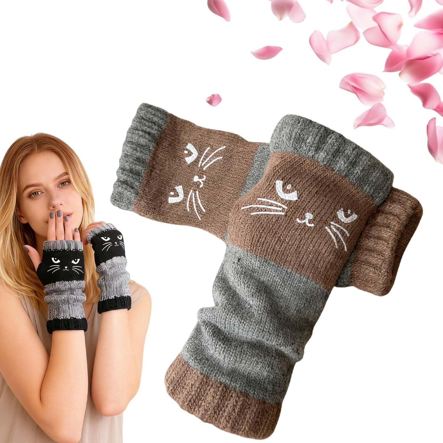 Cozy Cat Fingerless Gloves Women, Cat Embroidery Splicing Knitted Gloves For Women Winter Walk