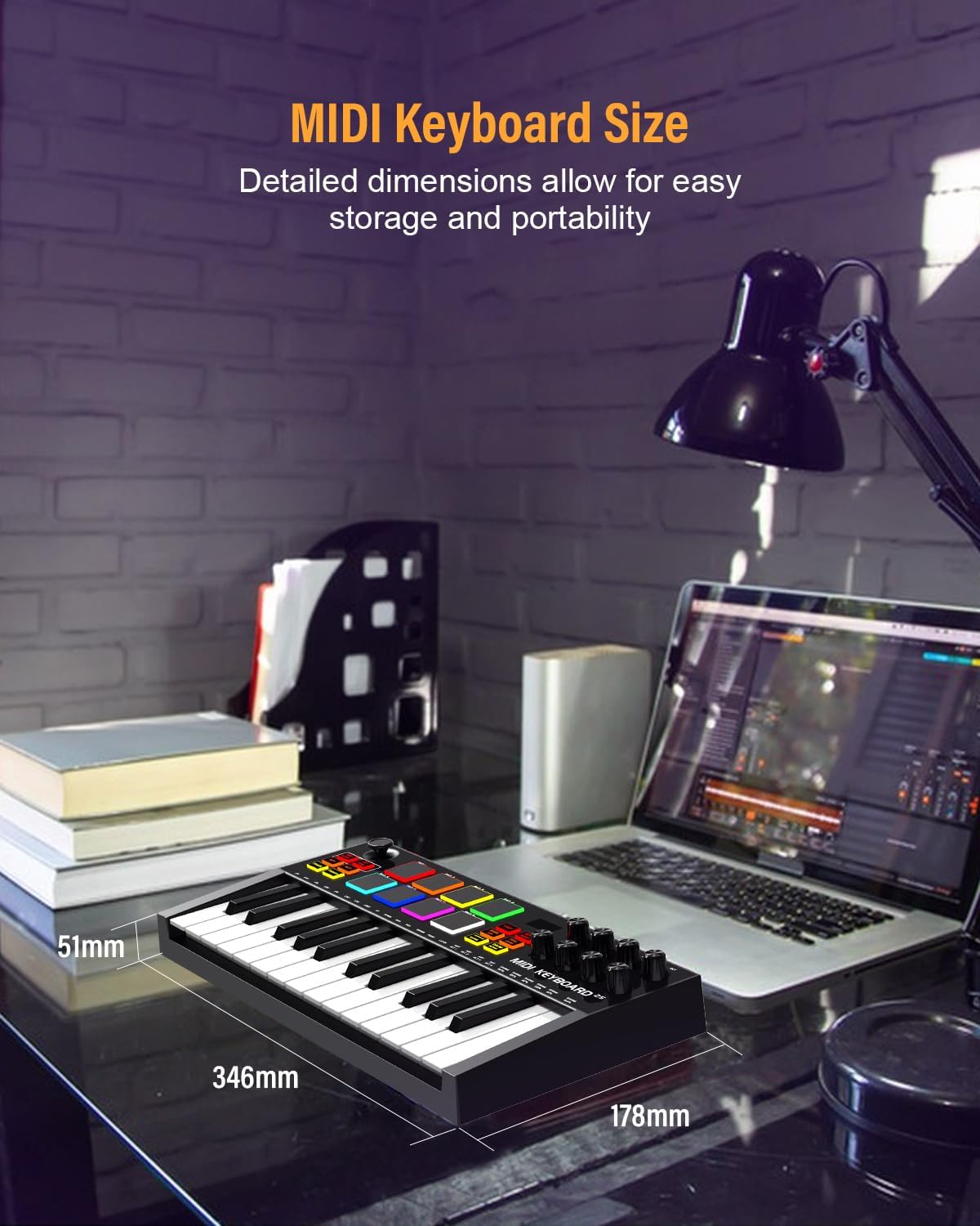 Diagram showing the dimensions of the OYAYO MK03 MIDI Keyboard Controller: 346mm width, 178mm depth, 51mm height.
