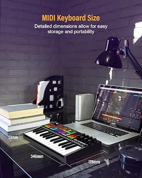 MIDI Keyboard Controller, 25 Key Rechargeable MIDI Keyboard with 8 Backlit Drum Pads, 8 Knobs, OLED Display, DAW Integration, MIDI Controller for Music Production
