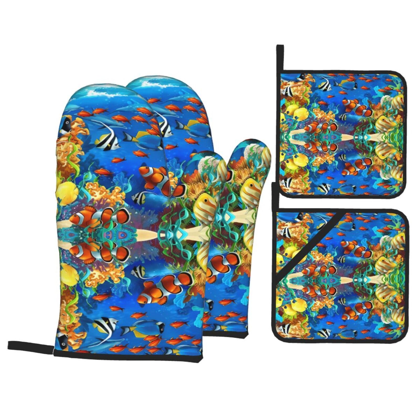 WHJSSF Ocean Tropical Fish Coral Undersea World Prints 4-Piece Waterproof Oven Throws & Heat Resistant Pot Covers – Durable Kitchen Layers for Grilling & Baking