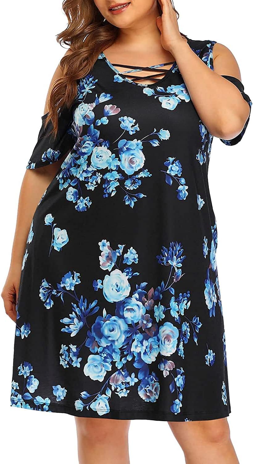 Women's Plus Size Sun Dress Cold Shoulder Casual T-Shirt Knee Length Sundresses with Pockets - Image 3