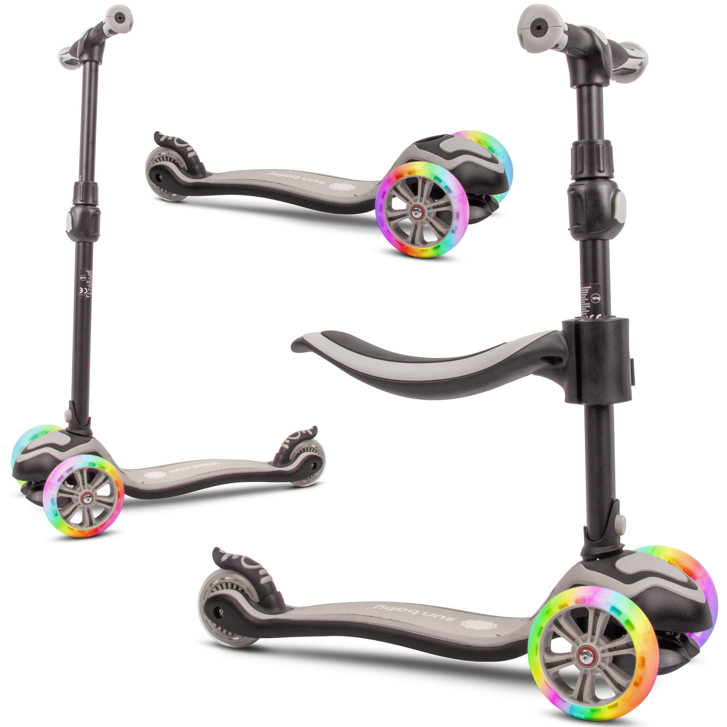 Sun Baby Monopattino per bambini 3 anni, Triciclo Scooter 3 Ruote Luminose a LED, regolabile in altezza, Children's Scooter