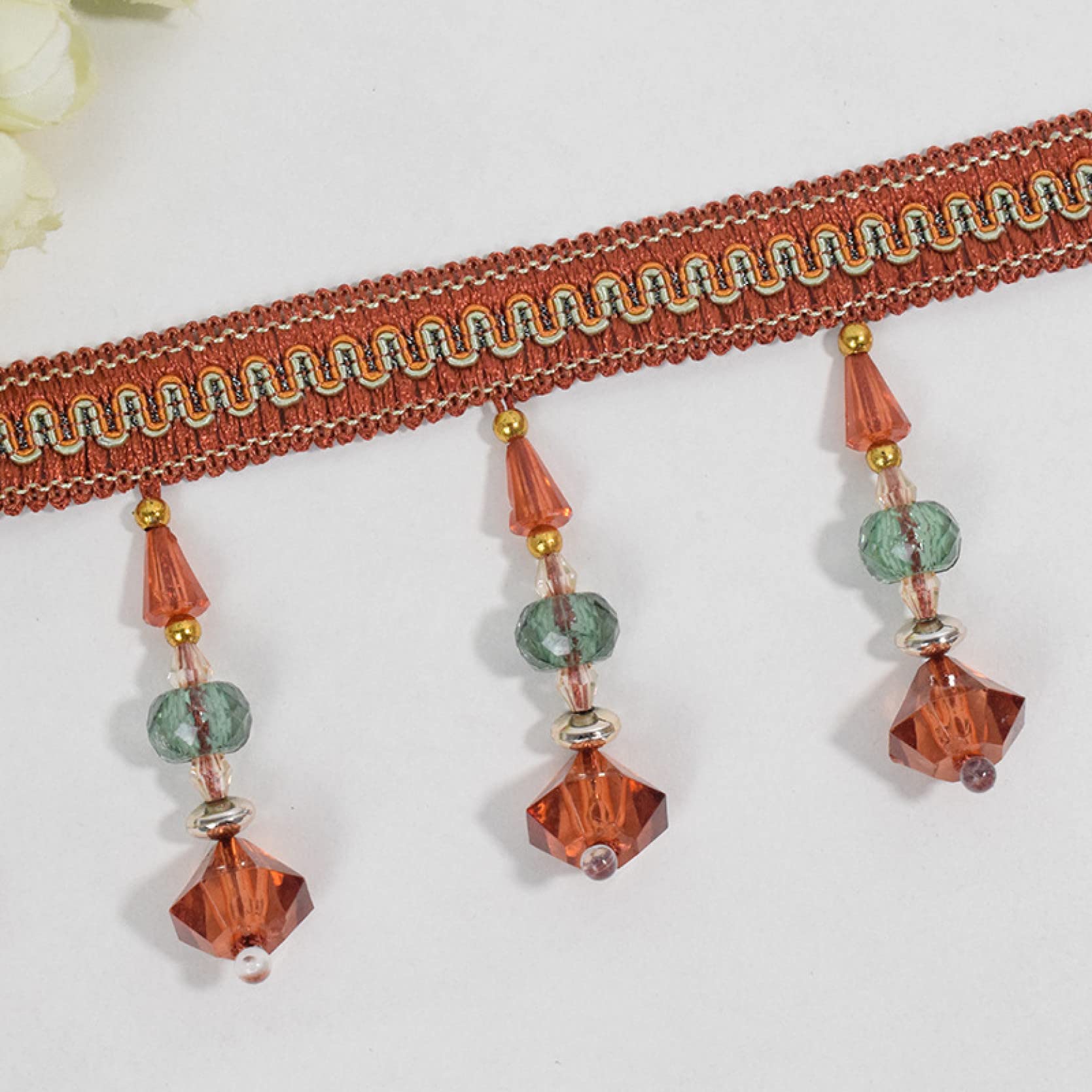 Franges, Pompons pour Rideaux, 12 mètres de Perles suspendues, Franges tressées pour Bordure de Rideau décorative, Ruban perlé (Rouge et Marron)