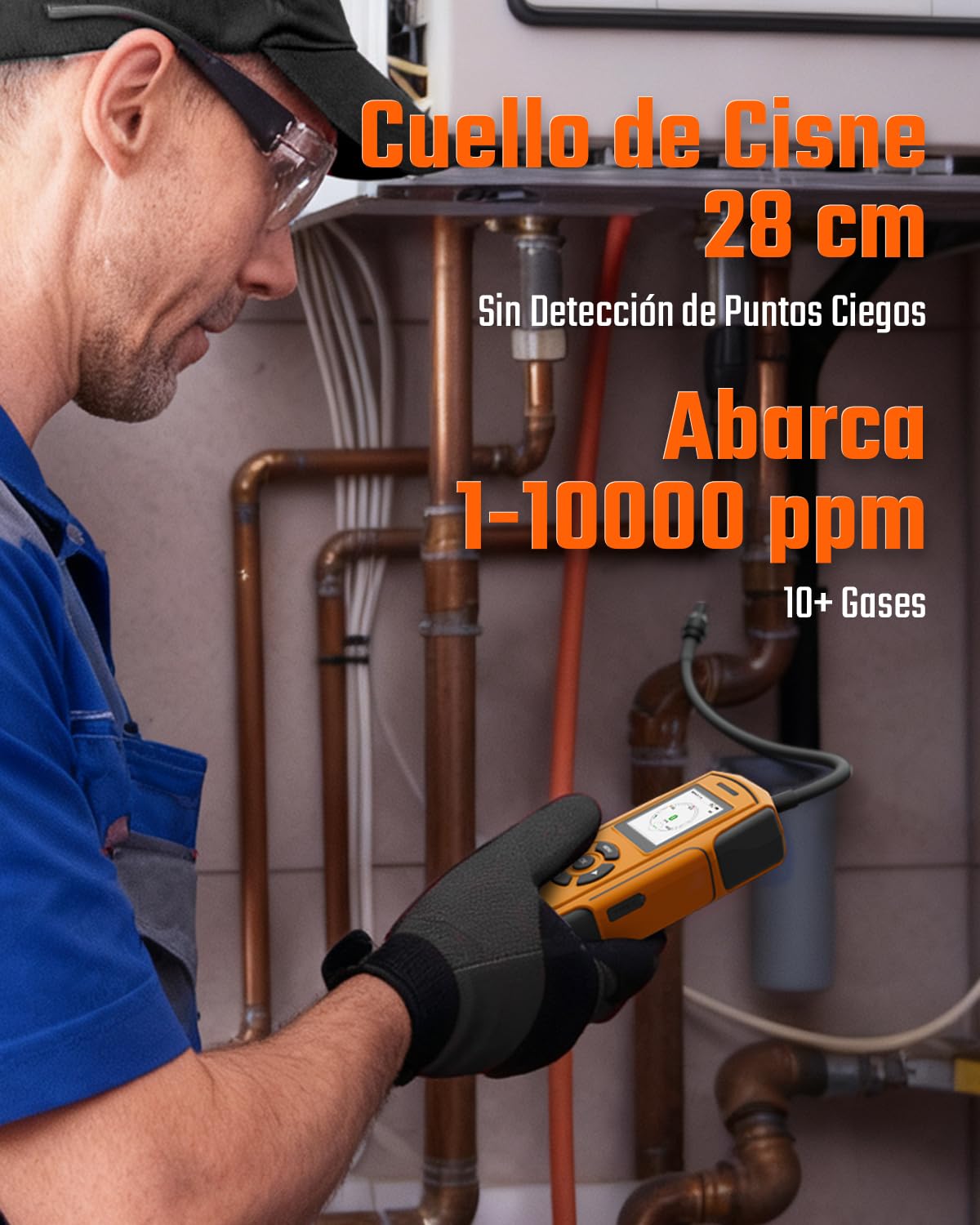 TopTes Detector De Gas Recargable PT-990 con Sonda Flexible de 28 cm, Rango de Detección 0–10,000 ppm, Registro de Datos y 3 Tipos de Alarma, Detector de Fugas de Gas para Propano, Metano - Naranja