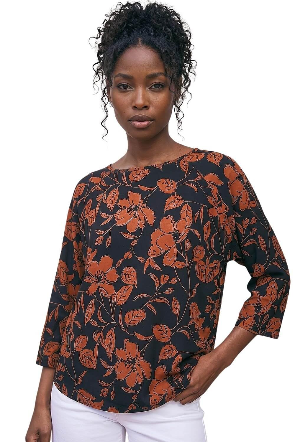 Roman Originals Stretchy Top for Women UK - Ladies Jersey Blouse Smart Casual Tunic Work 3/4 Length Sleeve Round Neck Boat Neckline Flattering Autumn Winter - Tan - Size 12