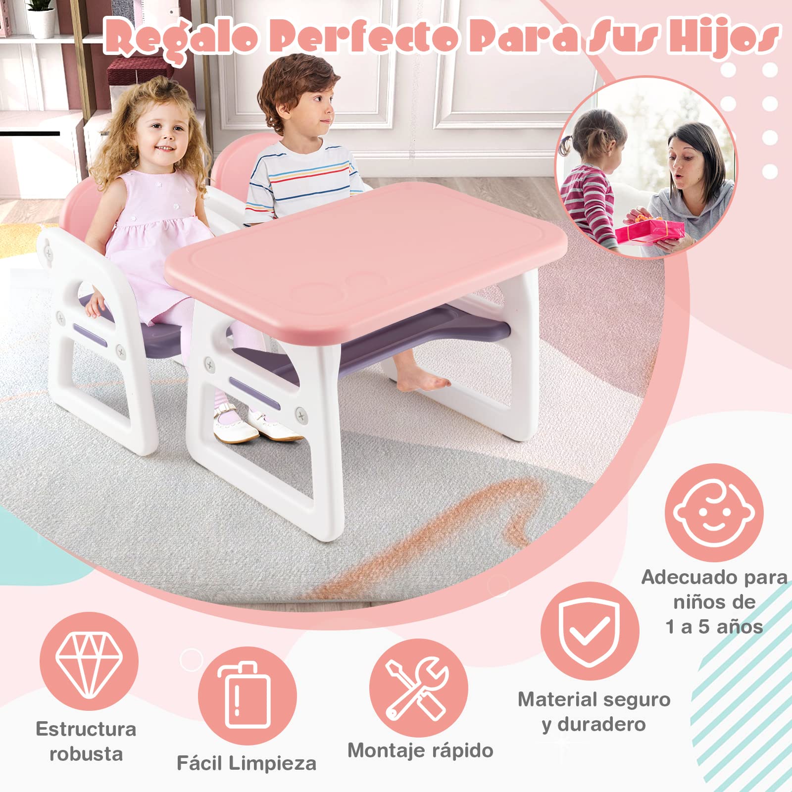 COSTWAY Juego de Mesa y Sillas para Niños, Juego de Escritorio Infantil para Leer, Dibujar, Escribir, Juego de Mesapara Interior con Estante de Almacenaje para Niños de 1 a 5 Años (Rosa y Morado)