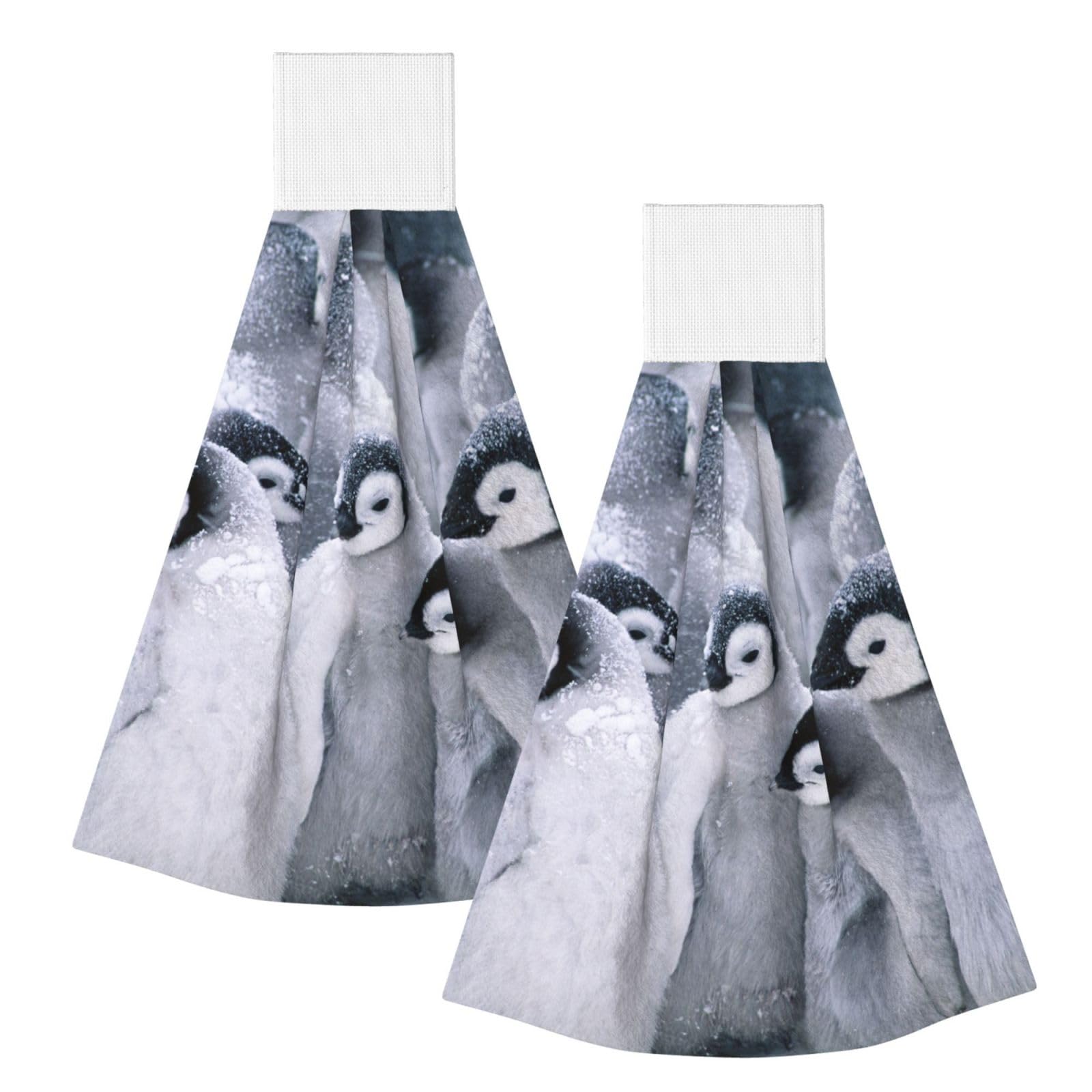 DOPKLNA Penguin In The Snow, 2 Pcs Hanging Coral Fiber Hand Towels for Bathroom, Absorbent Kitchen Towels