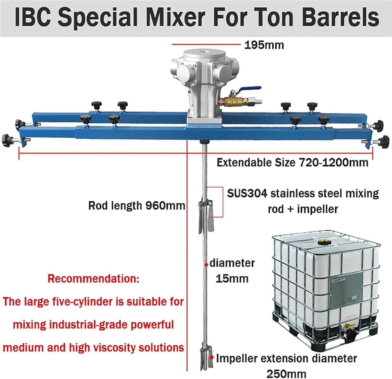 Agitador de aire IBC de 265 galones, mezclador de soporte de pintura, hélice plegable, herramienta de mezcla de máquina agitadora de pintura, especial for barriles de toneladas IBC