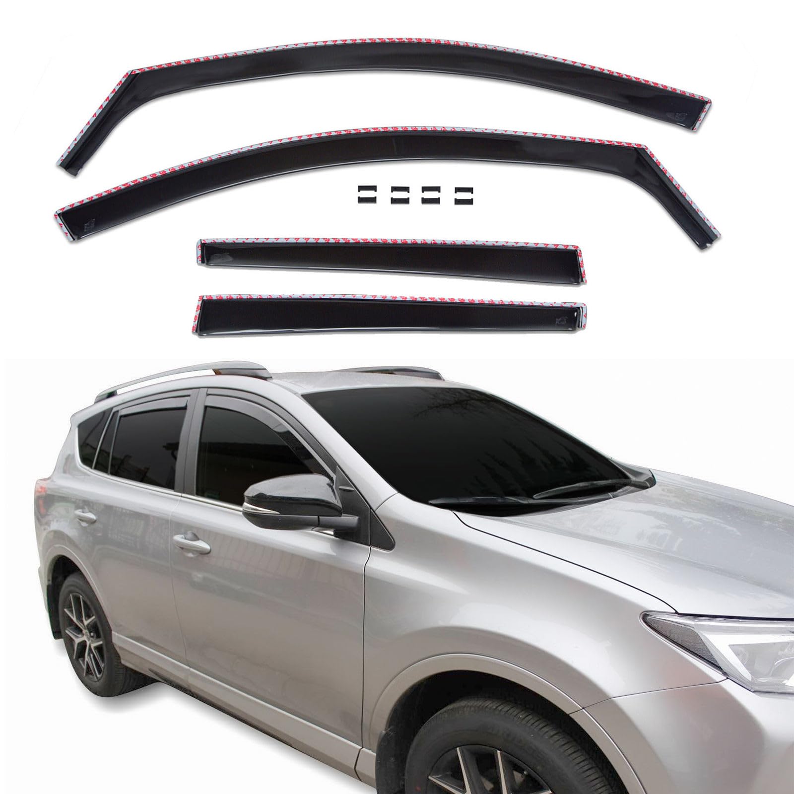 J&J AUTOMOTIVE GD Déflecteurs d'air et de Vent pour Toyota RAV-4 2012-2019, Ensemble 4pcs, Teintés, Avant et Arrière, Aérodynamique