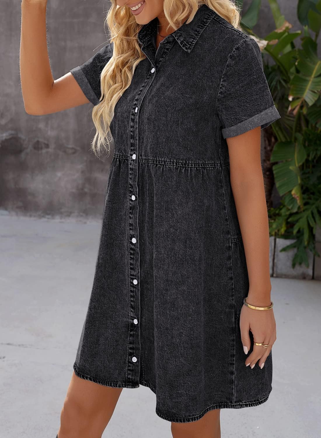 luvamia Women's Casual Short Sleeve Button Down Tiered Denim Babydoll Jean Dress - Image 7