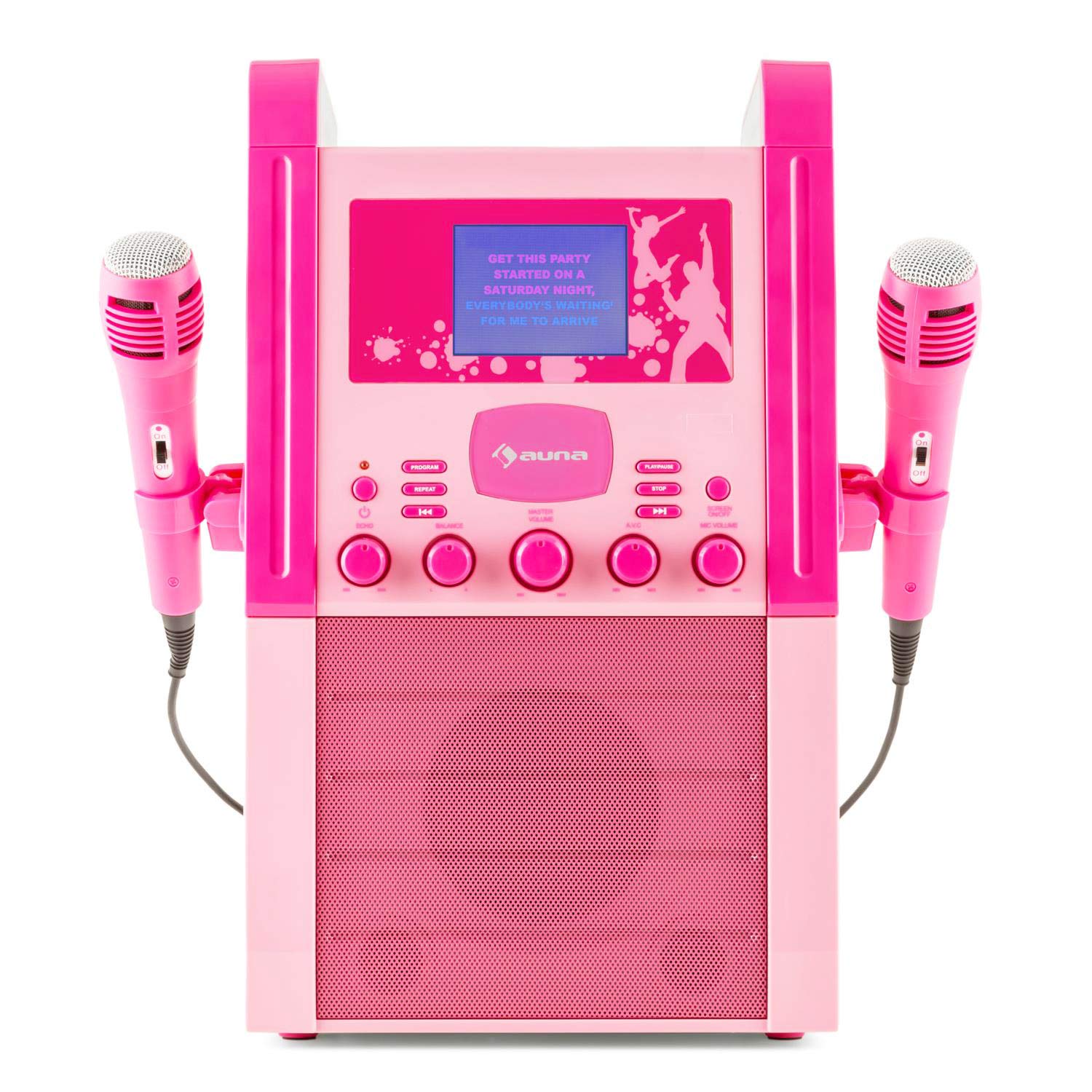 AUNA KA8P-V2 - Impianto Karaoke, Display TFT 3,5'', 2 x Microfoni Dinamici, Altoparlante Incorporato, Uscita Video, CD, CD+G, MP3, Ingresso AUX, Rosa Confetto