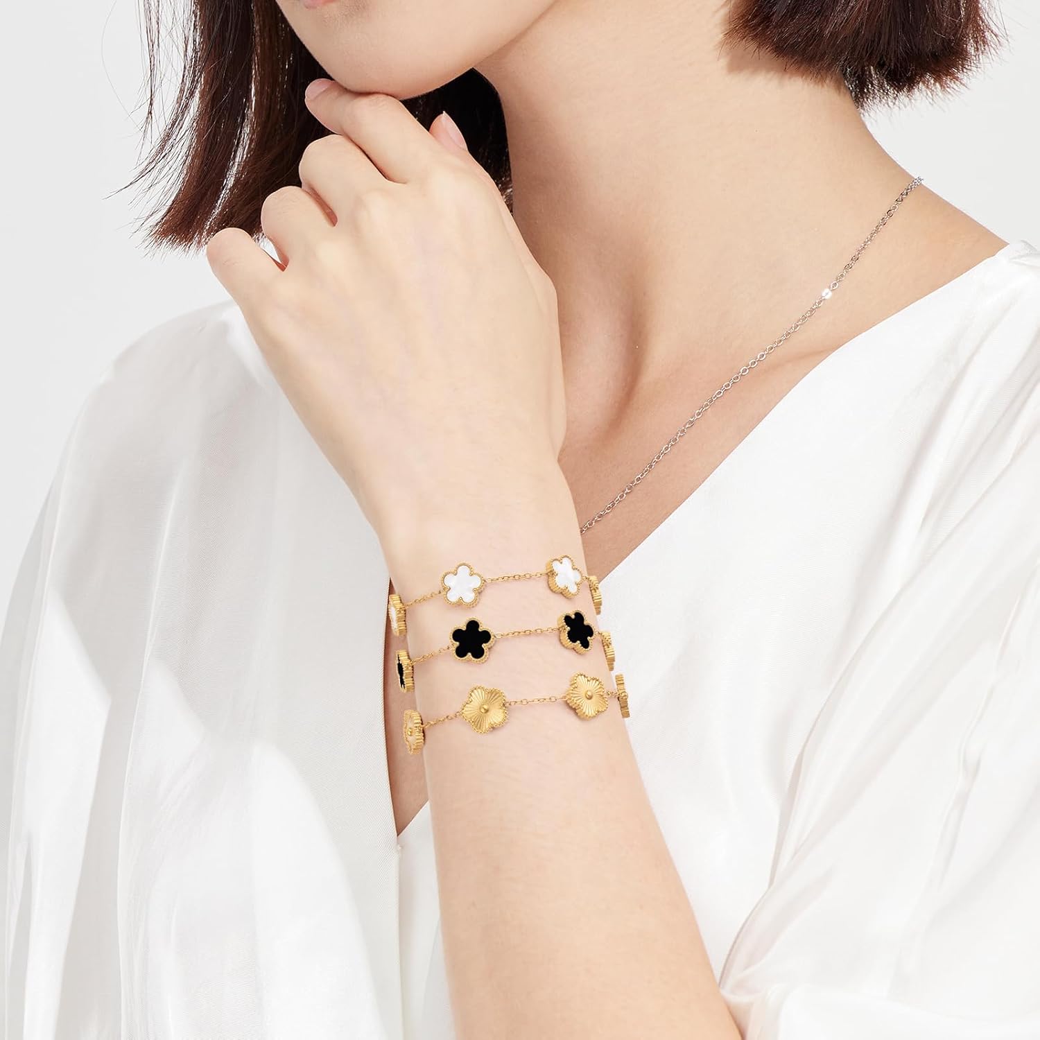 (Skin-Friendly&Fade-Resistant) 18K Gold Plated Bracelets Set for Women (Double Sided) Four Leaf Clover Cute Trendy Lucky Bracelet (Adjustable) Gold Jewelry for Women Birthdays Holidays Gifts 3pcs - Image 5