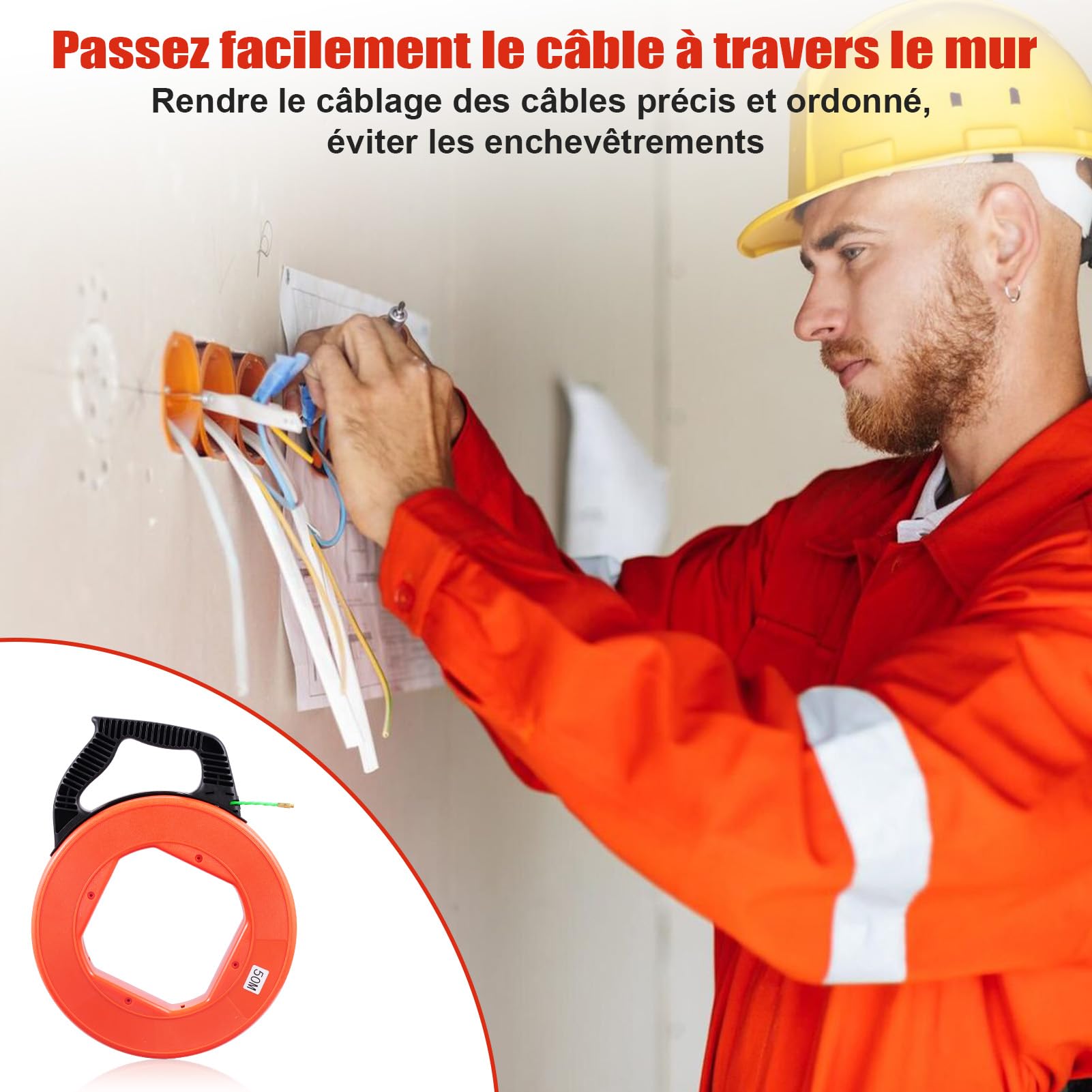 Aiguille Electricien 4,5mm 50m, Spirale Tire Fil 50m, Tire Fil Electricien avec 7 Ressorts de Guidage, Electrique Tire Fils Ensemble pour CaBlage Données TéLécommunications Génie Electrique