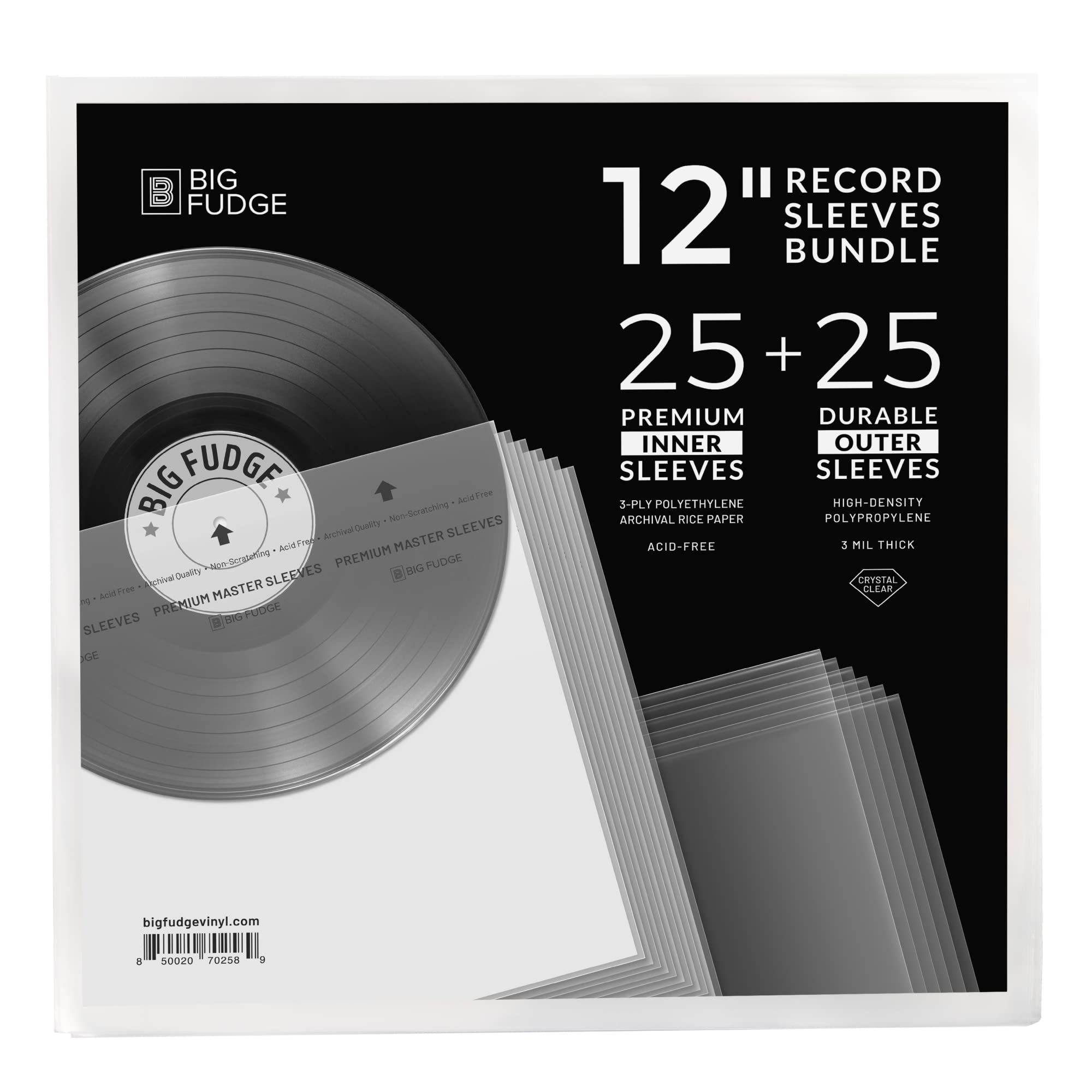 BIG FUDGE Vinylhüllen innen und außen – Schallplattenhüllen innen und außen – 25 x 12 hochdichte Polypropylen-Albumhüllen & 25 x 12 Archivierung antistatisches Reispapier innen
