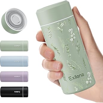 Exllena Mini Thermos Flask 250 ml with Stainless Steel Lid Small Double-Walled Vacuum - Ultra Compact 100% Leak-Proof 8-12 Hours Temperature Hold Botany Print