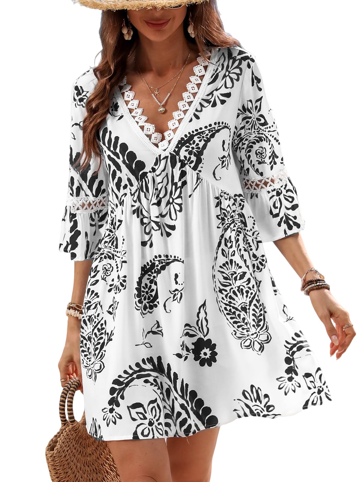 CUPSHE Sommerkleid Damen Mini mit V-Ausschnitt und 3/4-Volantärmeln | Spitzenborten am V-Ausschnitt und in den Volantärmeln gliedern den locker fallenden Mini-Schnitt mit wechselnden Prints.