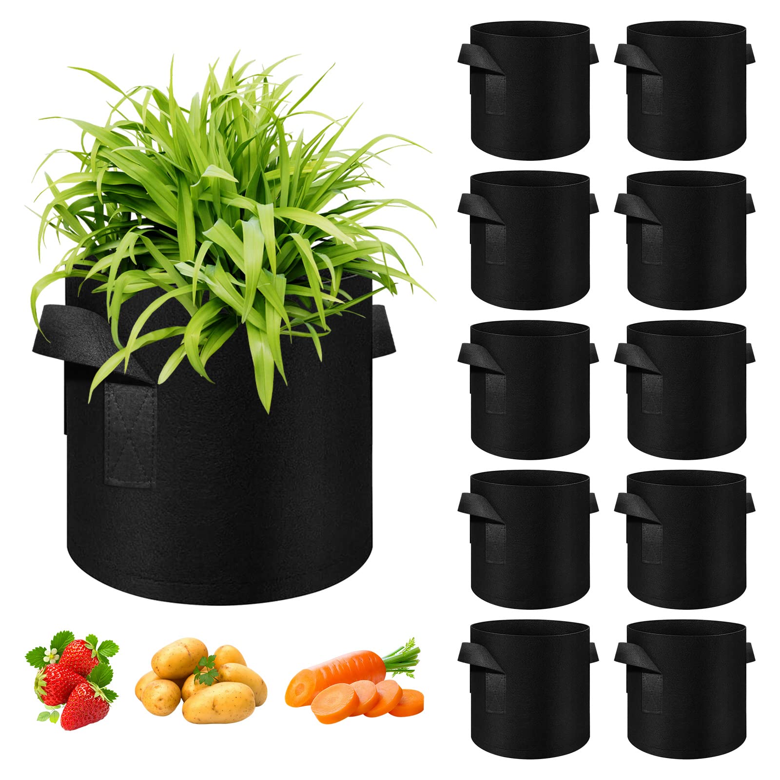 10 Gallon Grow Bags 10 Pack, Heavy Duty Thickened Nonwoven Fabric Pots with Handles, Plant Grow Bags for Vegetable/Flower/Plant/Fruits, Black