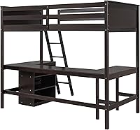 Vista 14 de Harper & Bright Designs Cama tipo loft individual con escritorio y 3 estantes, marco de cama tipo loft de madera maciza con escalera en ángulo