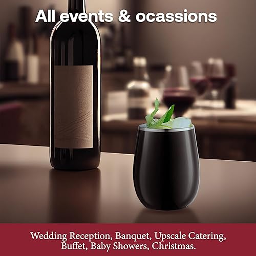 Miniatura 5 de Smarty Had A Party Copas de vino de 12 onzas 64 copas de vino de plástico sin tallo negro con borde plateado, vasos desechables irrompibles para