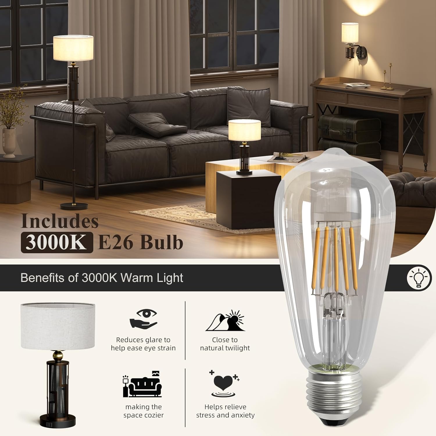 V07-2 21.65" Farmhouse Table Lamp, Rustic Bedside Nightstand Light with USB A+C Charging Ports for Nightstand Bedroom Study Living Room, 3-Way Dimmable Desk Lamp