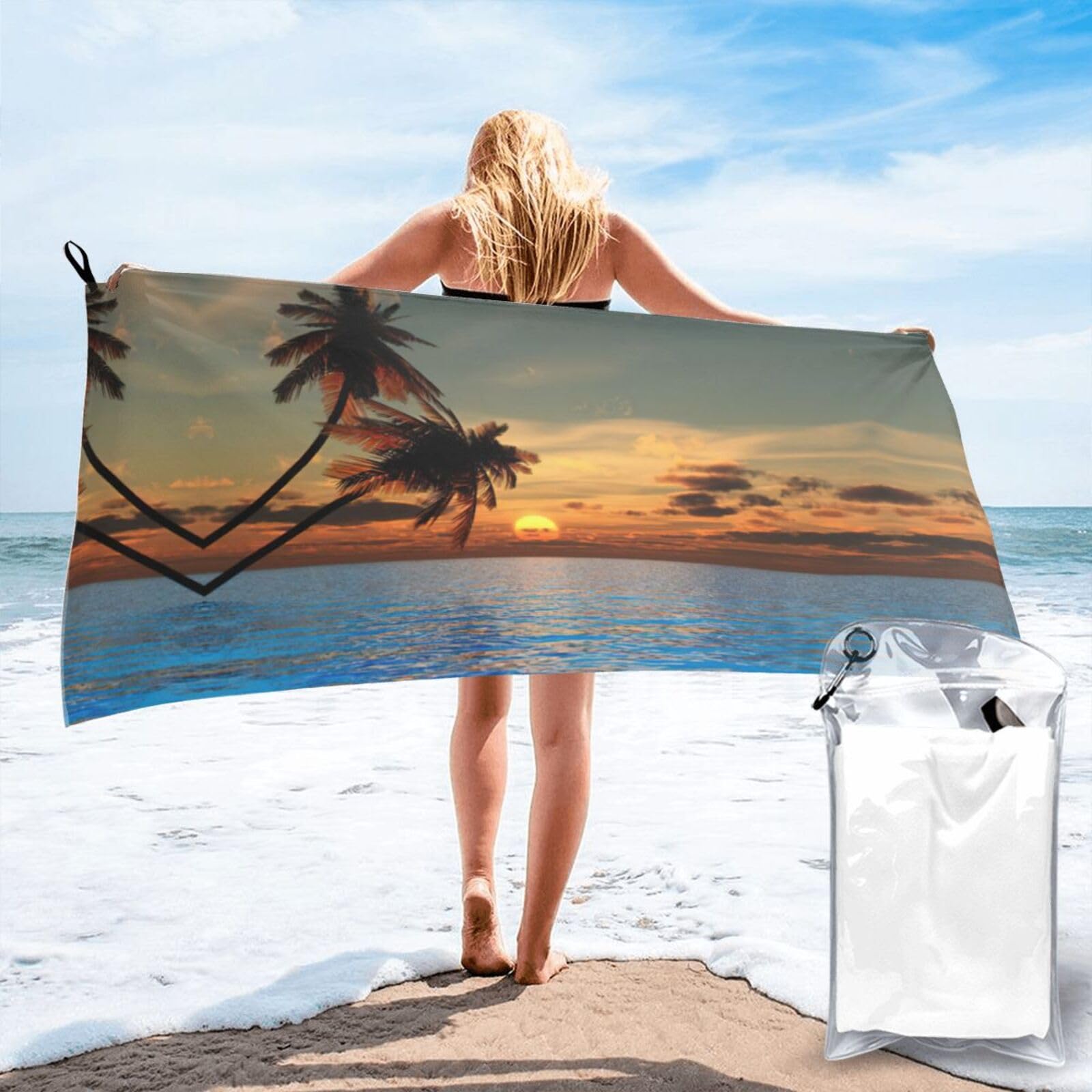 ENGhjes Sunset Palm Tree Ocean Print Camping Towel Fast Drying Bath Beach Shower Wrap For Gym Camping Vacation Adults Portable Gift