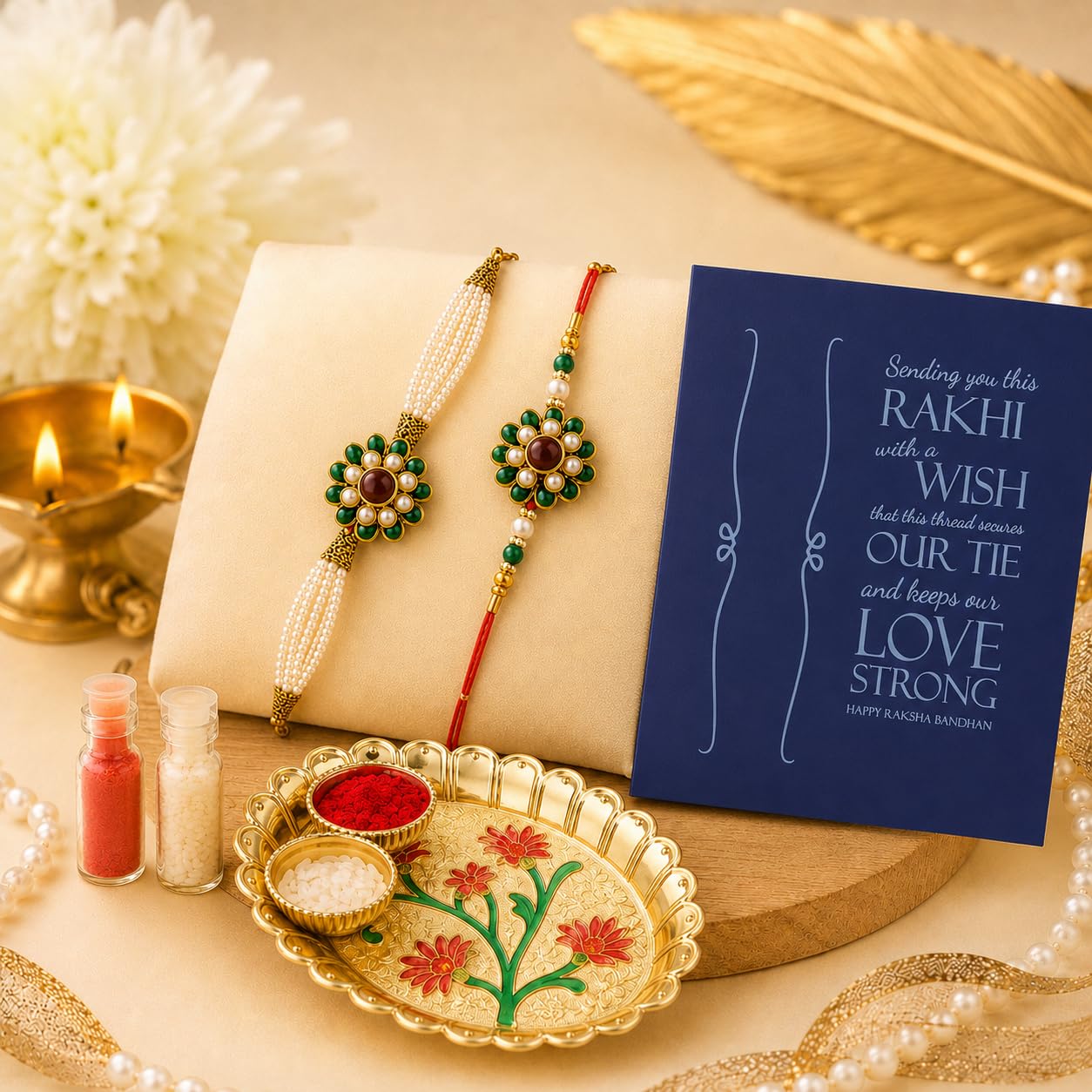 Rakhi with Roli Chawal and Pooja Thali Set for Brother And Bhabhi | Premium Pearl Rakhi | Raksha Bandhan Gift Combo