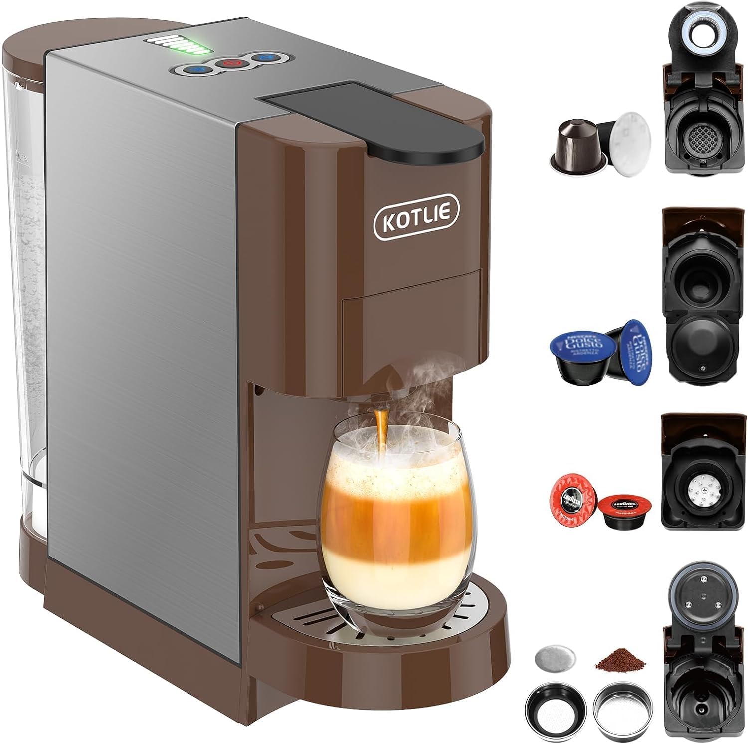 Espresso 4in1 Coffee Pods Machine for Nespresso Original/Dolce Gusto/Ground Capsule and ESE Coffee Pods,19 Bar Automatic Coffee Capsule Machine, AC-513K (Brown-513HF)