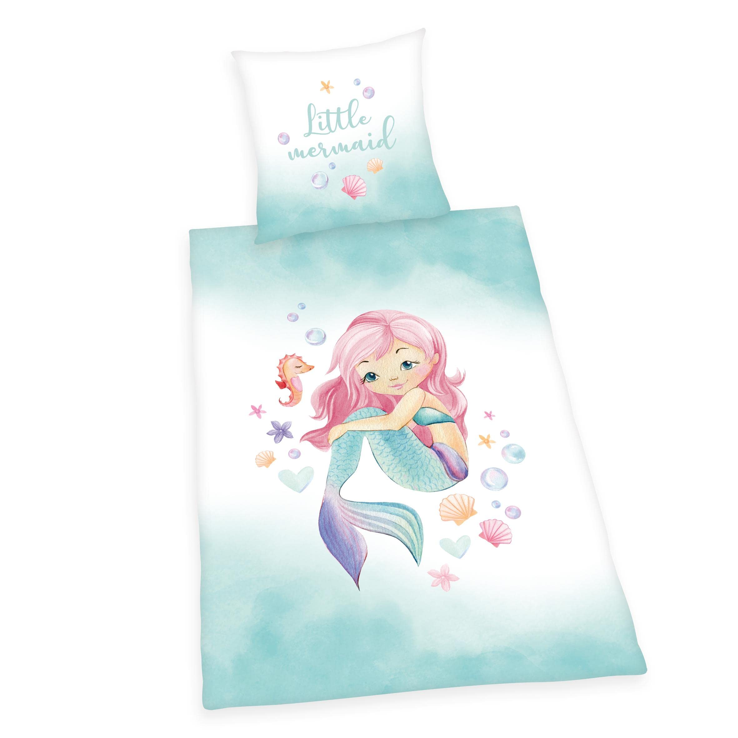 Housse de couette sirène anti-glisse en coton 140x200 avec zip pour lit enfant