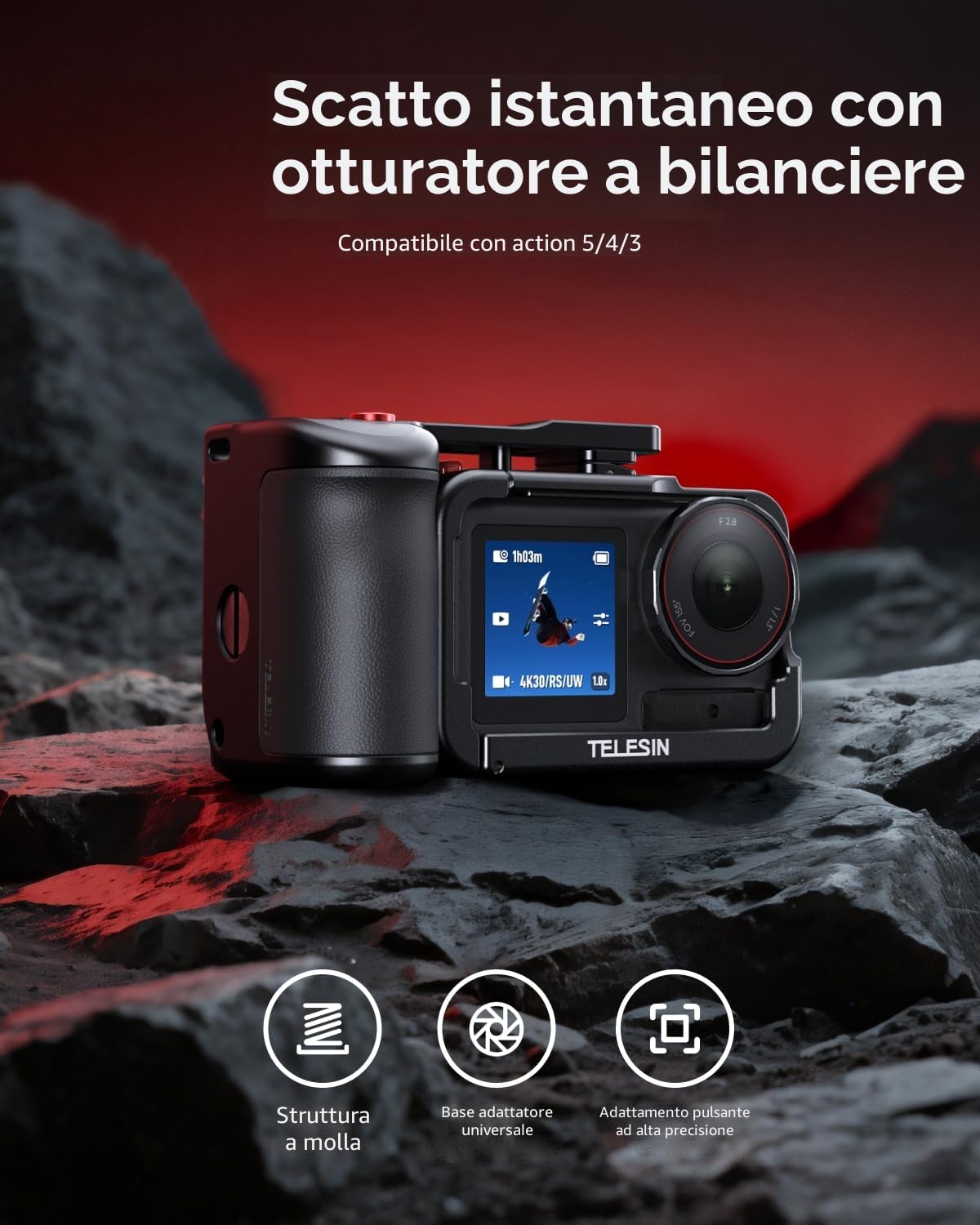 TELESIN Street Grip Kit in Lega di Alluminio per DJI Osmo Action 5 Pro/Action 4/Action 3 | Impugnatura Ergonomica con Gabbia Ultra-Leggera | Pulsante Otturatore a Bilanciere Brevettato