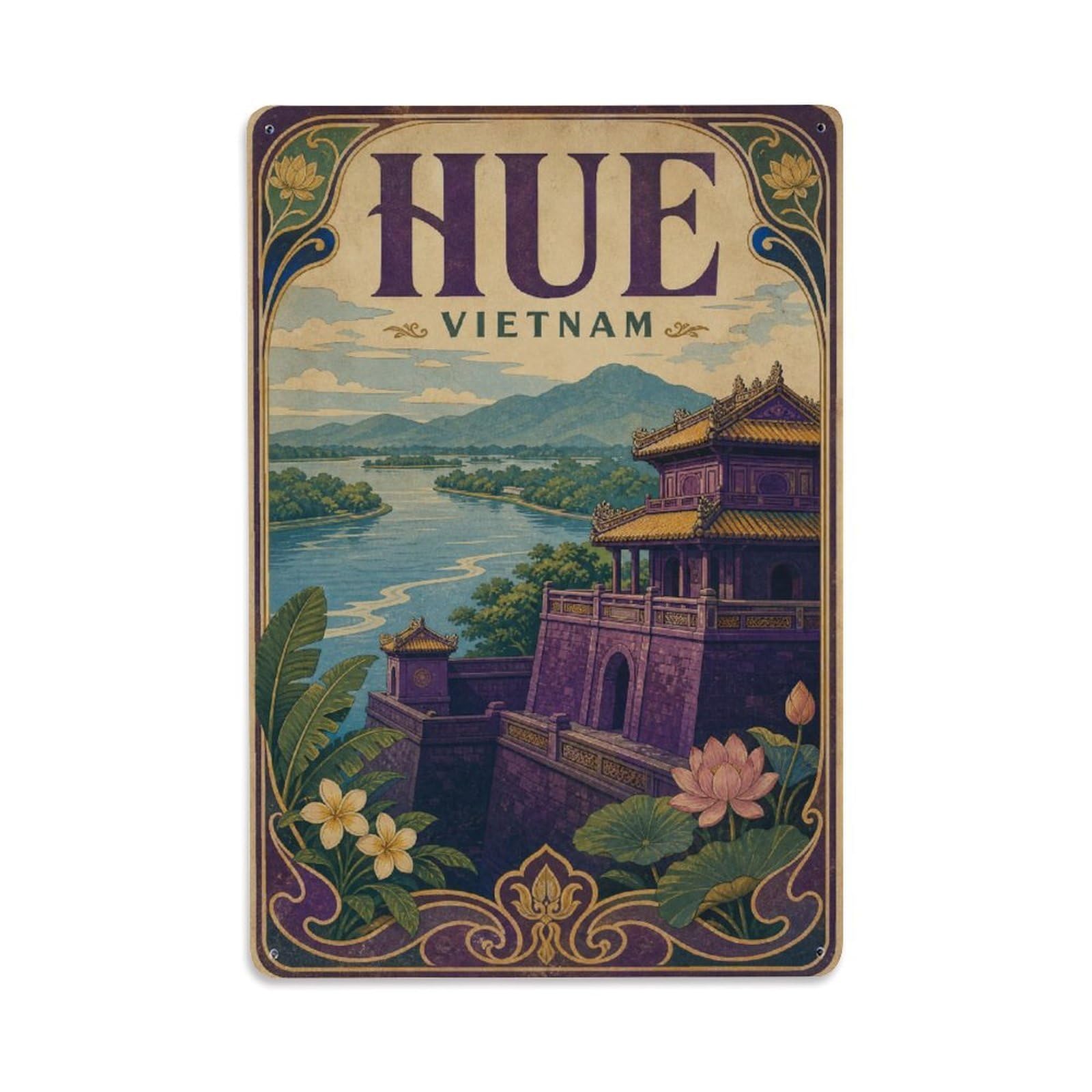 Vintage Travel Vietnam Hue Metal Tin Sign Plaque Wall Decor for Cafe, Club Bar, Office, Garden Metal Poster 8x12Inch