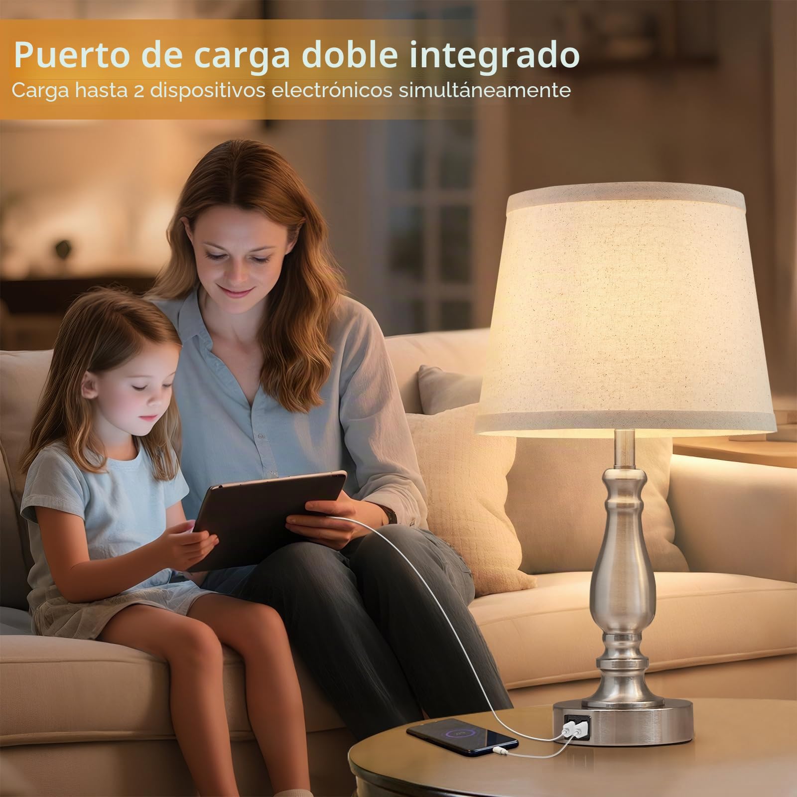 GyroVu Lámpara de Mesa Juego de 2, lámparas de mesita de noche táctiles con puertos USB C+A, lámparas de mesita de noche regulables en 3 intensidades para mesitas auxiliares, mesitas de noche