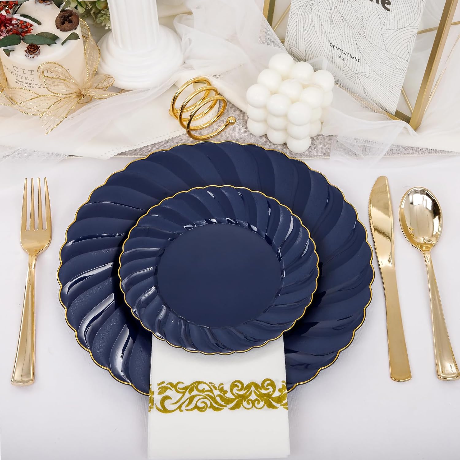 YOUBET 150PCS Blue Plastic Plates - Gold Plastic Silverware - Heavy Duty Navy Blue Disposable Plates include 50 Plates, 25 Forks, 25 Knives, 25 Spoons, 25 Napkins for Wedding Birthday Parties Hanukkah - Image 6