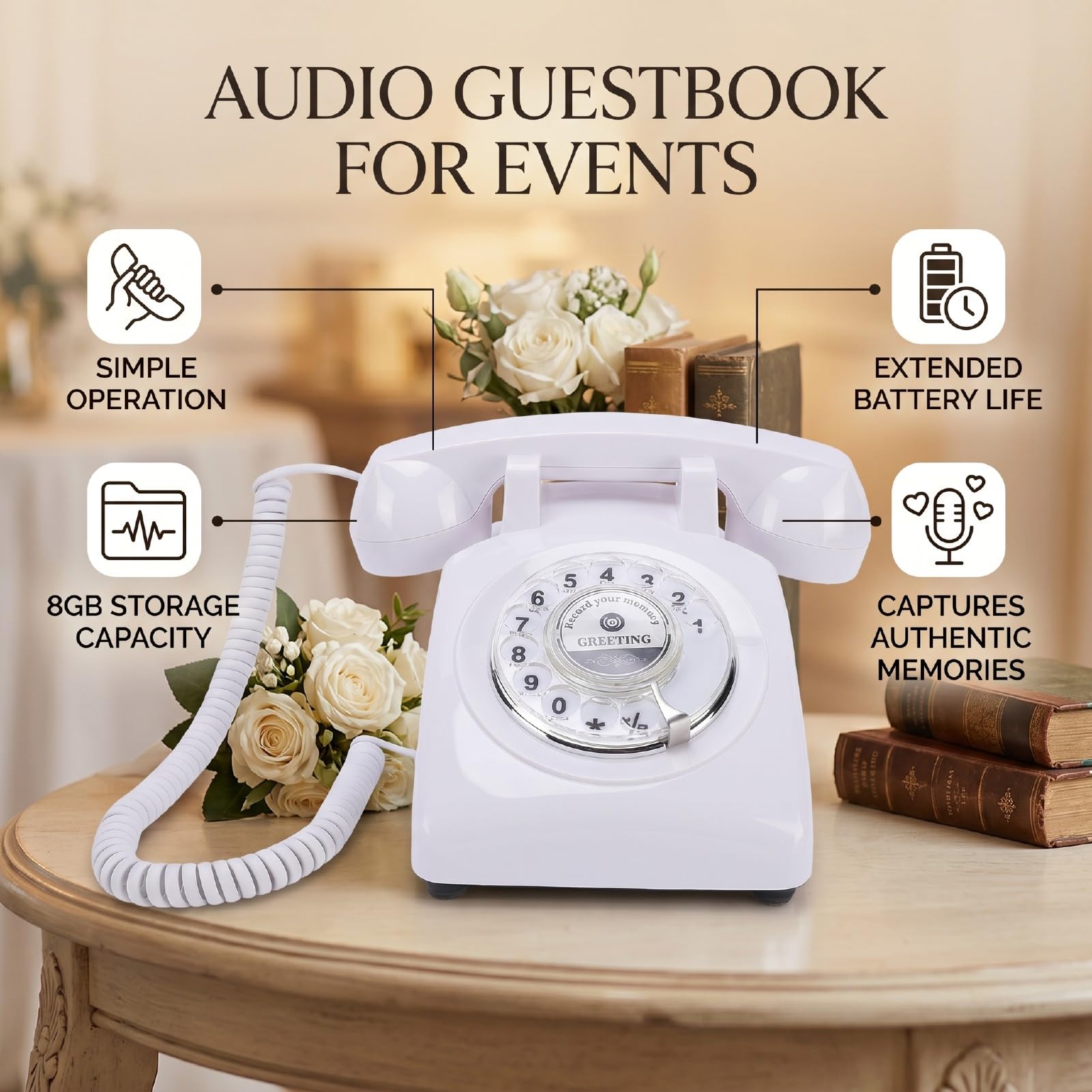 Dpofirs Registratore Vocale per Telefono Rotante Vintage, Telefono per la Registrazione di Messaggi retrò con Auguri Personalizzabili per Il Libro degli Ospiti Sonoro del Matrimonio e Le