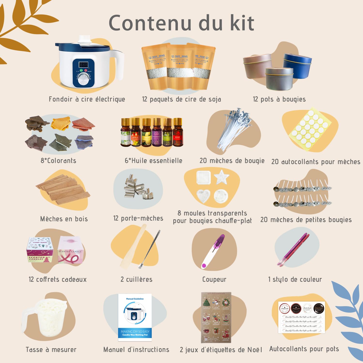 Kit de Fabrication Bougie Parfumée pour Adultes avec Fondoir Cire Bougie Electrique, Cire de Soja, 12 Pots, 8 Photophores, 6 Parfums et Coffrets Cadeaux