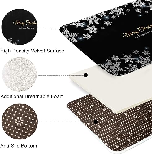 Miniatura 6 de ArtSocket Juego de 2 tapetes de baño de Navidad, color negro, copos de nieve, decoración de baño, alfombras de 16 x 24 y 20 x 32 pulgadas,