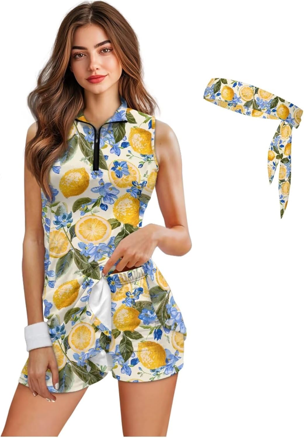 Biyejit Womens Tennis Dress with Built in Shorts Workout Headbands Sleeveless Athletic Dresses Summer Matching Golf Outfits