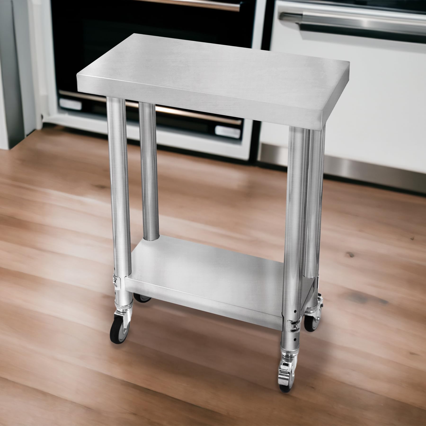 Mesa de Trabajo Cocina de Acero Inoxidable Mesa Catering Preparación de Comida 60x30x80cm Banco de Trabajo Cocina con Ruedas Frenos Pies Adaptables + Estante Inferior Ajustable Capacidad Peso 160kg