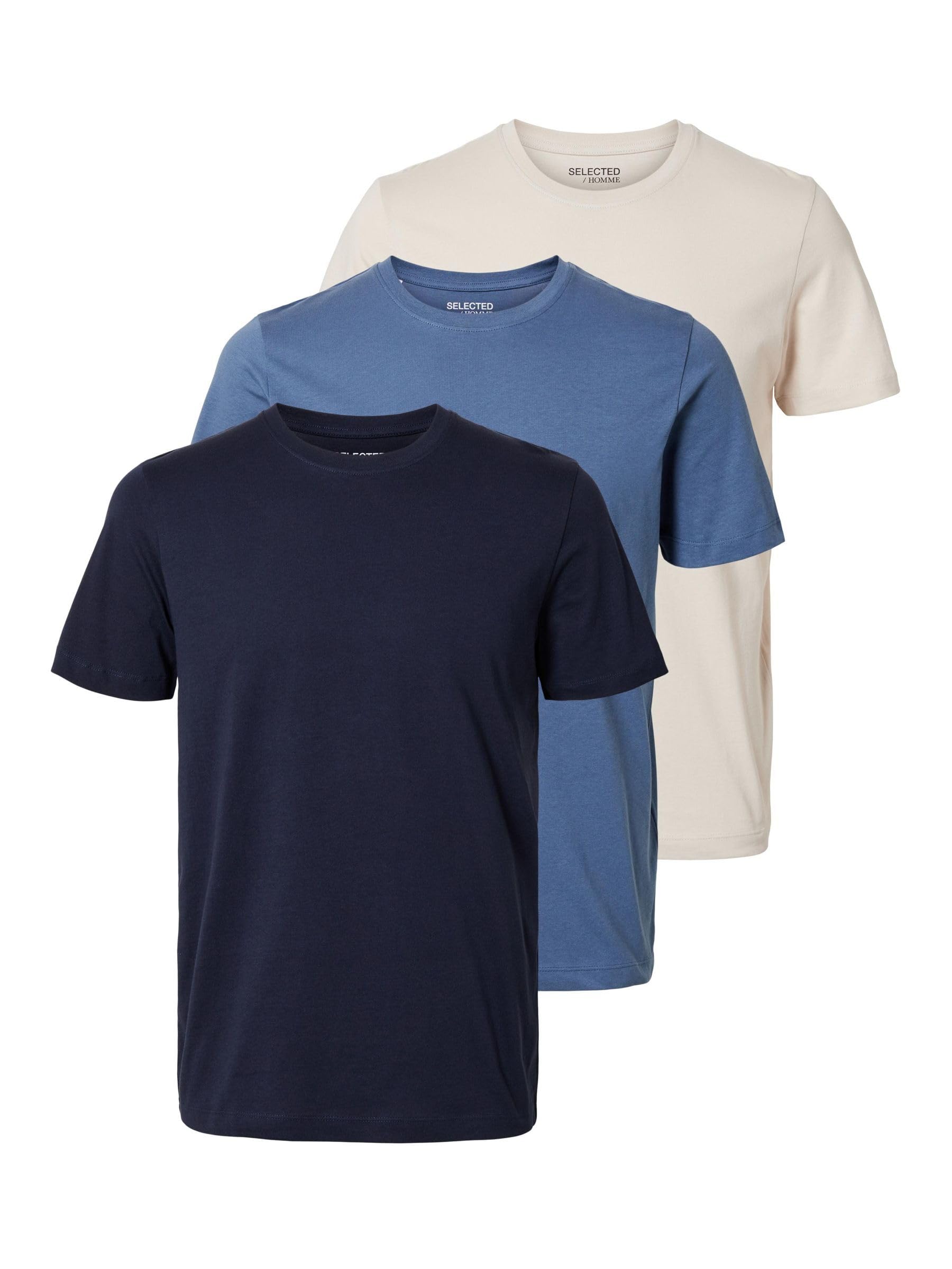 SELECTED HOMME Male Cotton T-Shirt Pack of 3, Sky Captain 1, XXL