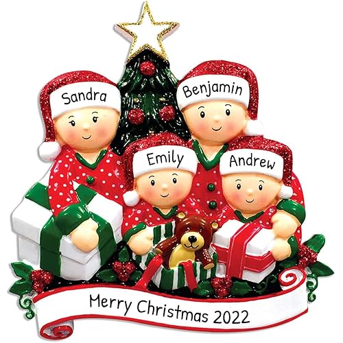 Personalized Family Christmas Ornaments - Custom Family of 4 Christmas Ornament 2024 Family of 4 Ornament with Present Boxes Customized Family Matching Pajamas Christmas Ornaments for Christmas Tree