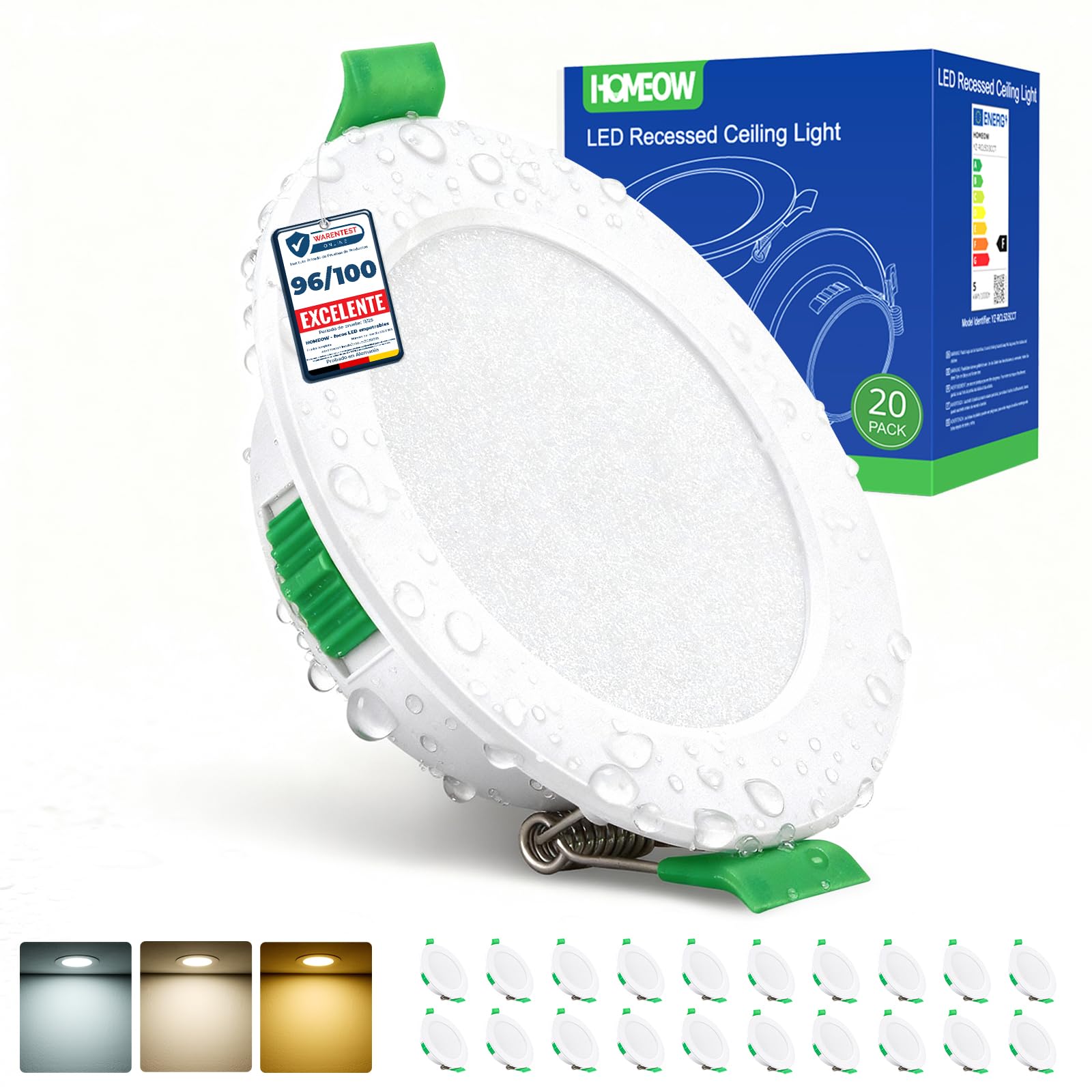 HOMEOW Pack de 20 Focos LED Interior Techo 5W, Downlight LED Empotrable Luz Calida 2700K Neutra 4000K Frío 6000K, IP44 Ojos de Buey Para Techo Baño Cocina, Apertura 68-78mm