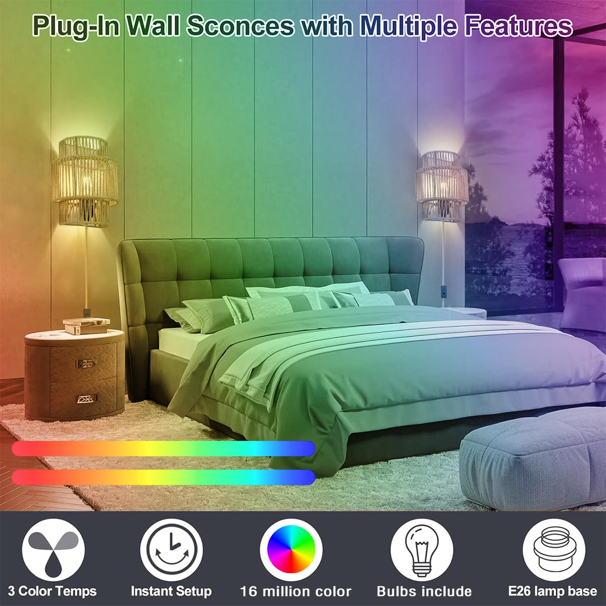 KZT Smarte RGB Wandleuchte Dimmbare mit 16 Millionen Farben Boho Rattan Wandlampe, Kompatibel mit Alexa & Google Assistant, Musik Sync, Wandbeleuchtung mit Fernbedienung, für Schlafzimmer (2 Stück)