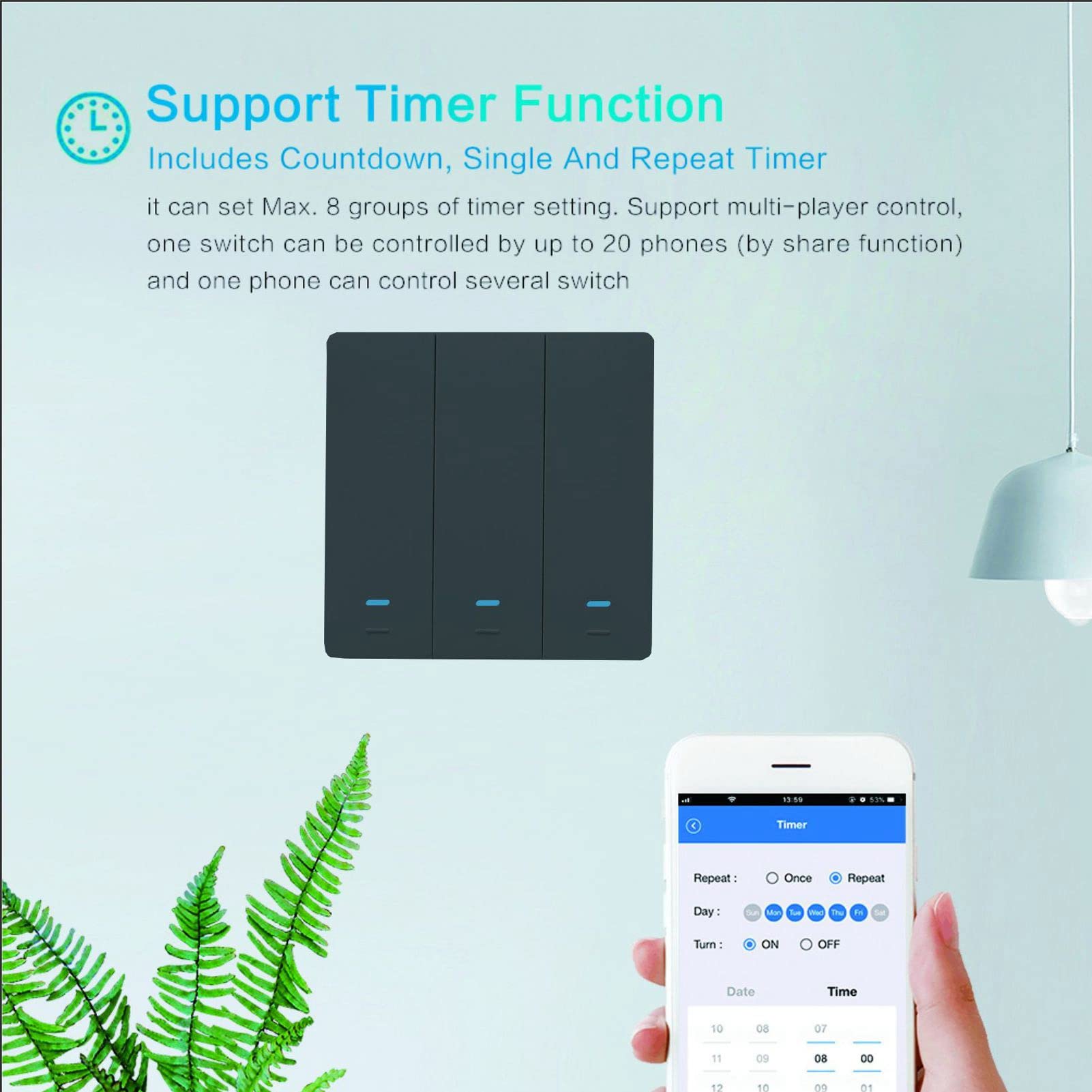 Ejoyous Interruptor Inteligente Interruptor de Luz WiFi ABS de 3 Bandas Más PC 100 a 230 V Control de Botón de Aplicación de Voz No Se Requiere Neutro para el Hogar, Oficina, Hotel, Apartamento,