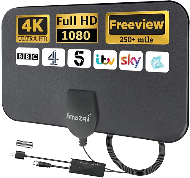 TV Aerial Indoor 250+ Miles Long Range, 4K Digital HD Amplified TV Aerial with Signal Booster - Freeview 1080P TV Antenna for Local Channels