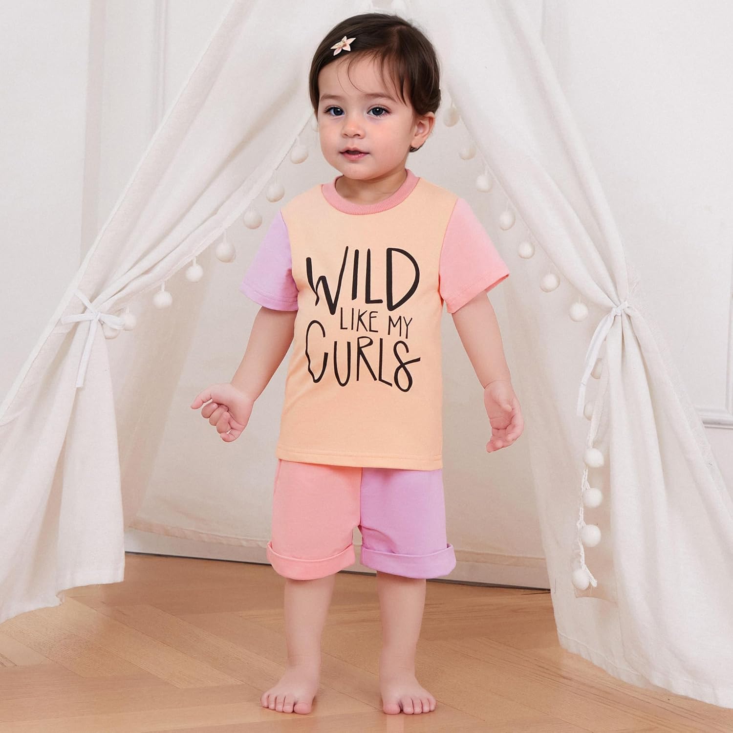 WZTYYDS Toddler Girl Summer Clothes Letter Print Short Sleeve Round Neck T-Shirt with Contrast Color Shorts Outfit - Image 2