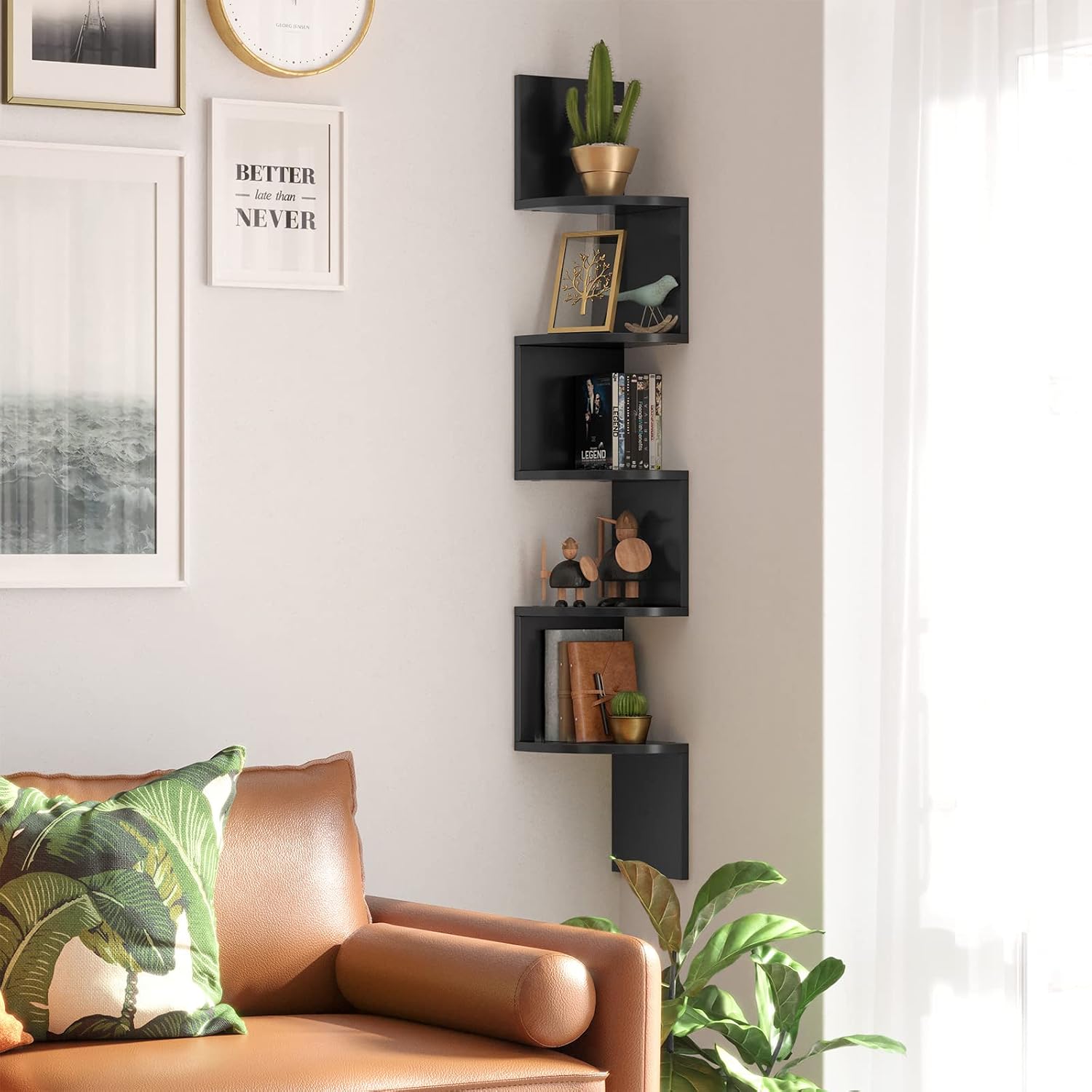 VASAGLE Corner Shelf Wall Mount, 5-Tier Floating Wall Shelf, Corner Bookshelf, Plant Wall Shelf for Bedroom, Living Room, Bathroom, Office, Black ULBC072B01