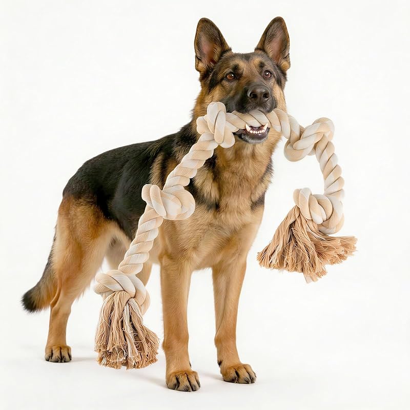 Bmag Juguetes de cuerda para perros para masticadores agresivos, juguetes interactivos para perros medianos y grandes, juguete de cuerda trenzada resistente con 5 nudos (beige)