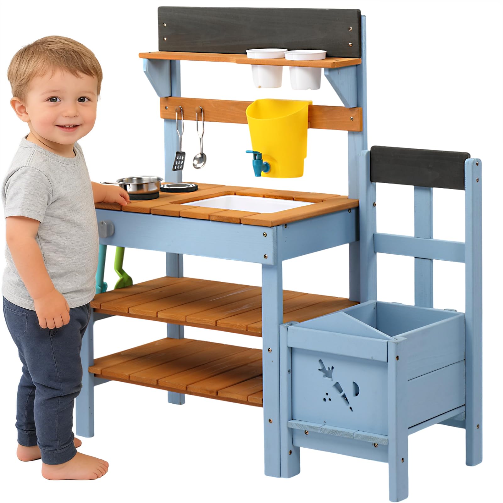 LALAHO Matschküche Outdoor mit Pflanzkasten, Gartenspielküche mit Spüle, Wasserhahn & Blumentopf, Kinderküche mit Herd, Spielküche geeignet für Kinder ab 3 Jahren, Blau