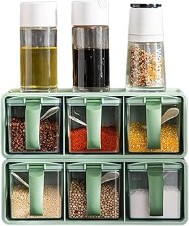 OANGO 3pcs Storage Spices Jar Plastic 3 in 1 Spice Jar with Rack Box Serving Set with Cover and Spoon, seasoning Storage Spice Rack Set with Removable Jars for Salt Sugar Spices (randomly color)