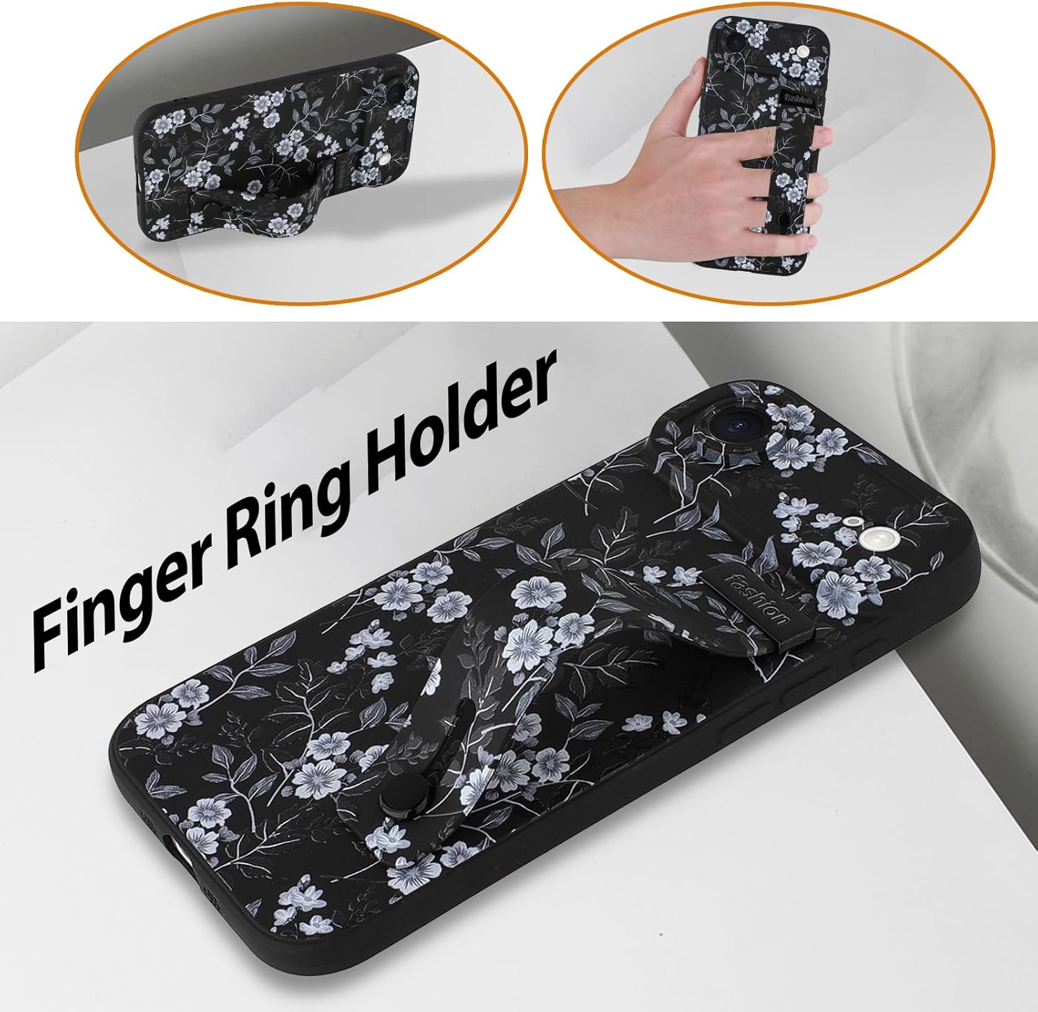 Compatible with iPhone Air Case for Women Men, Cute White Flower Floral Pattern, Built in Adjustable Metal Wrist Strap Grip Hand Holder Kickstand Soft Silicone Cover 6.5 Inch, Black - Image 5